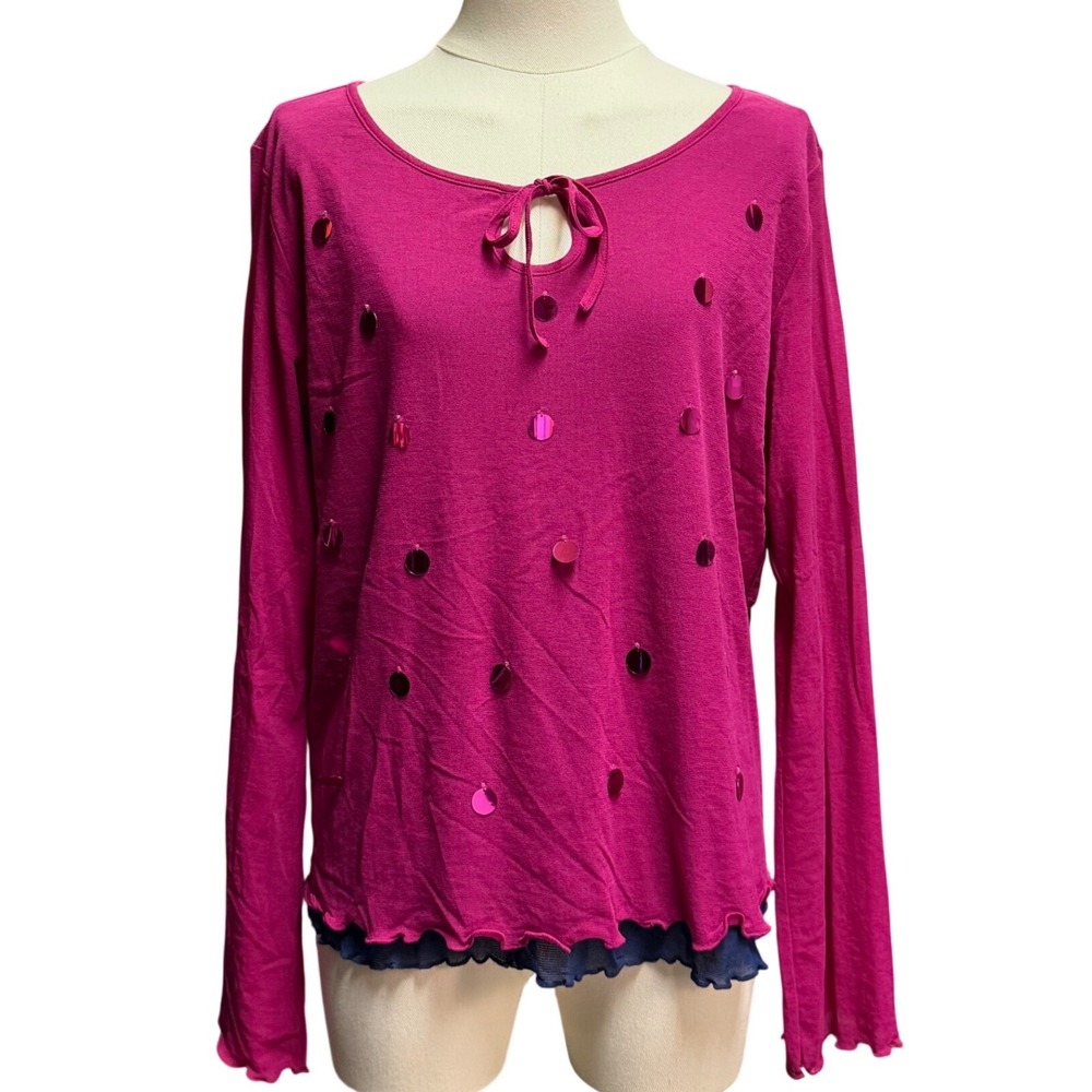 Carole Little Sport Top Womens XL Pink Good Sequin Keyhole Lettuce Hem Y2K